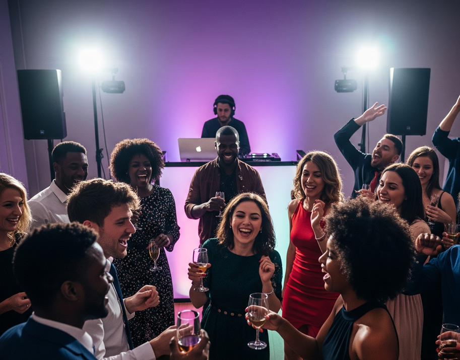 A fun party scene with rental equipment